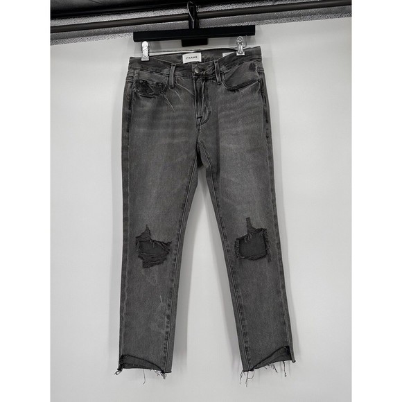 FRAME Denim Jeans Women's Size 23 Black Le Garcon Crop Straight Raw Hem Ankle‎ - Picture 3 of 10
